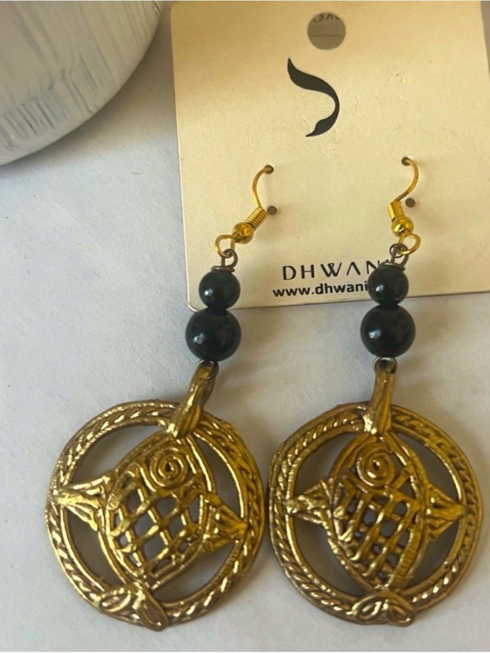 Vintage Gold-Tone Turtle Drop Earrings with Black Beads